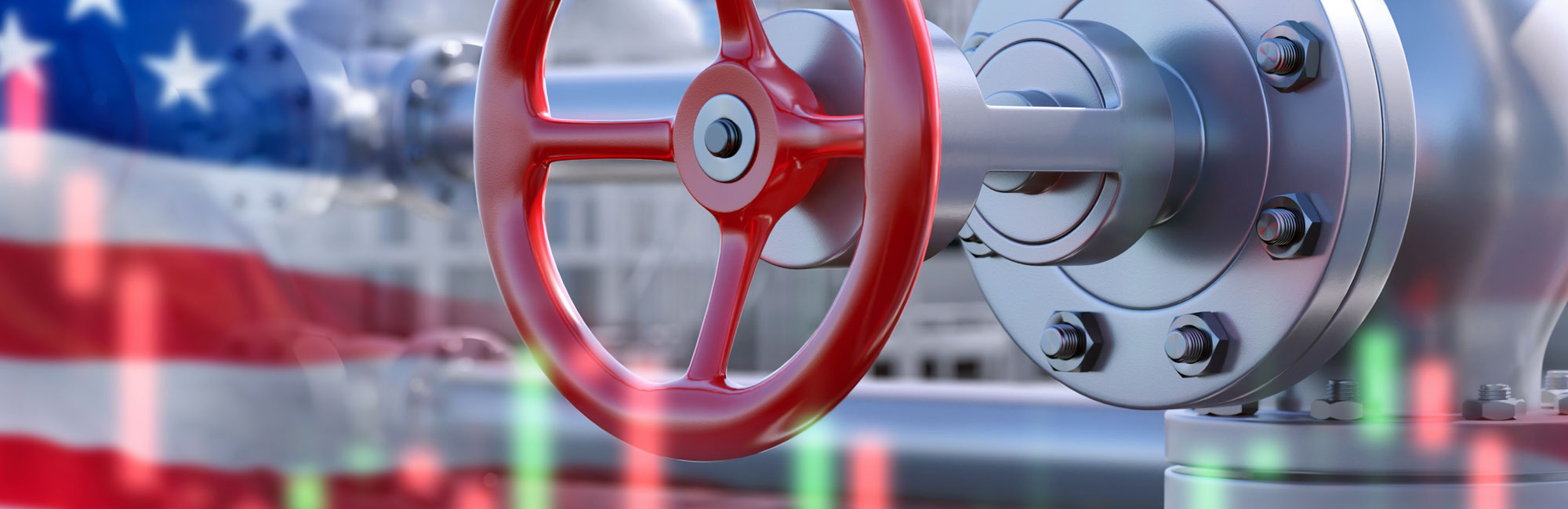 A large industrial valve with a red wheel, overlaid with the American flag and stock market indicators, symbolizing U.S. energy and infrastructure.