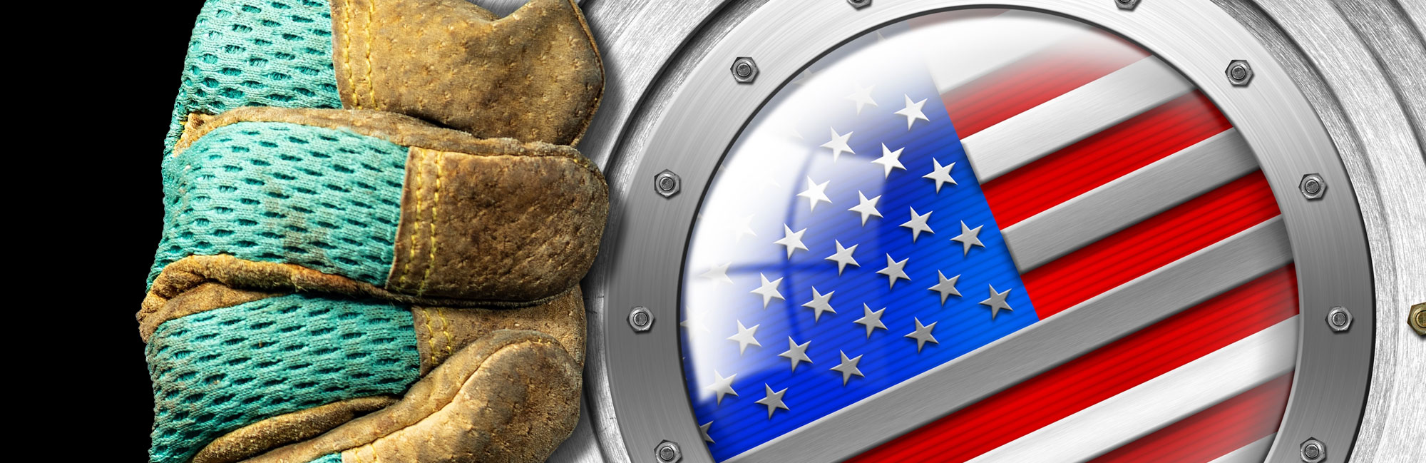 A close-up of a metallic surface featuring a circular emblem with the American flag, representing U.S. manufacturing and craftsmanship.