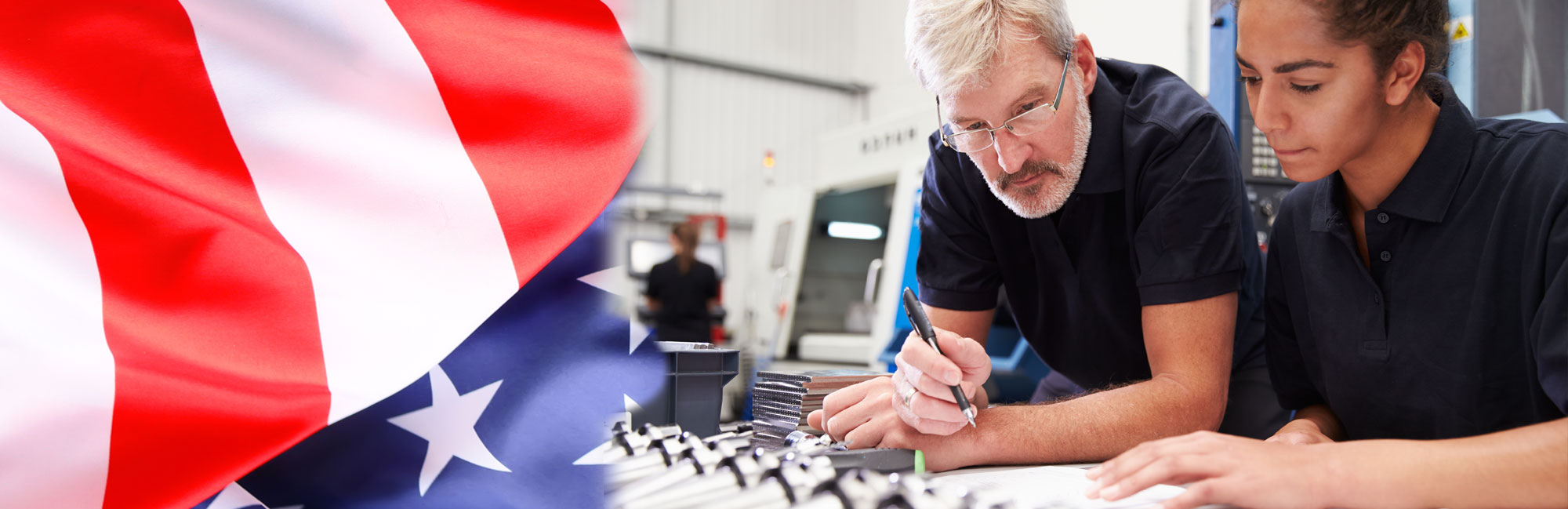 Engineers collaborating in an American manufacturing facility with the U.S. flag in the foreground. The image highlights innovation, precision, and expertise in synthetic turf production and advanced manufacturing processes.