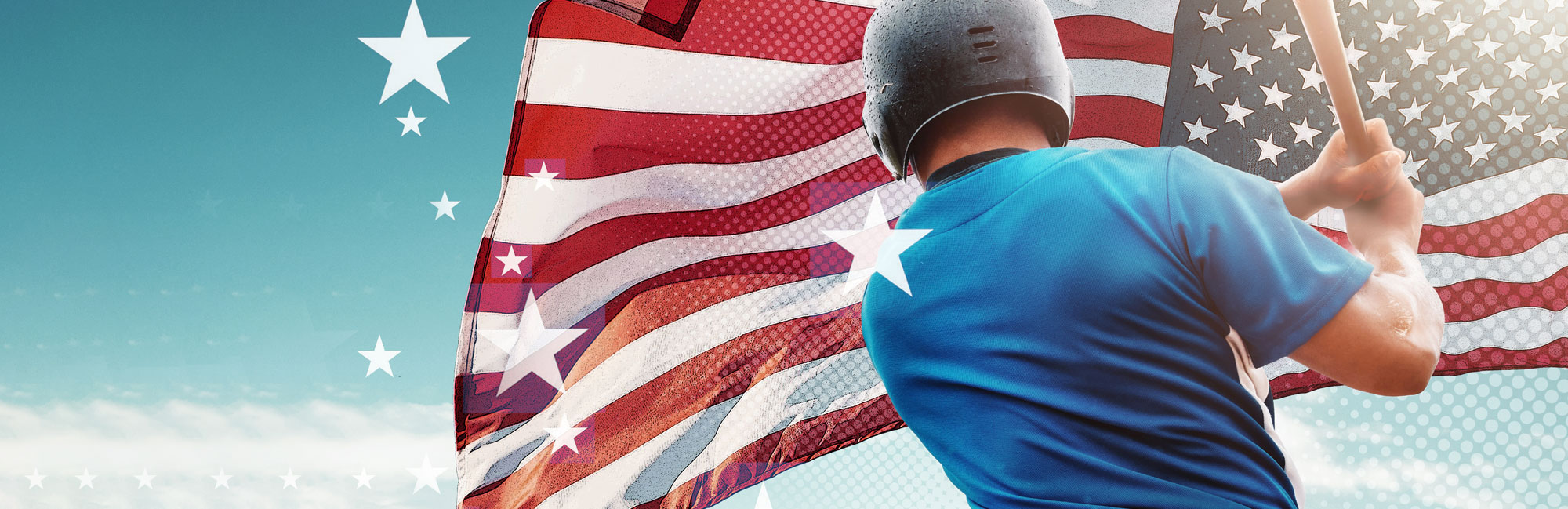 Baseball player swinging with an American flag in the background, symbolizing high-quality synthetic turf proudly manufactured in the USA