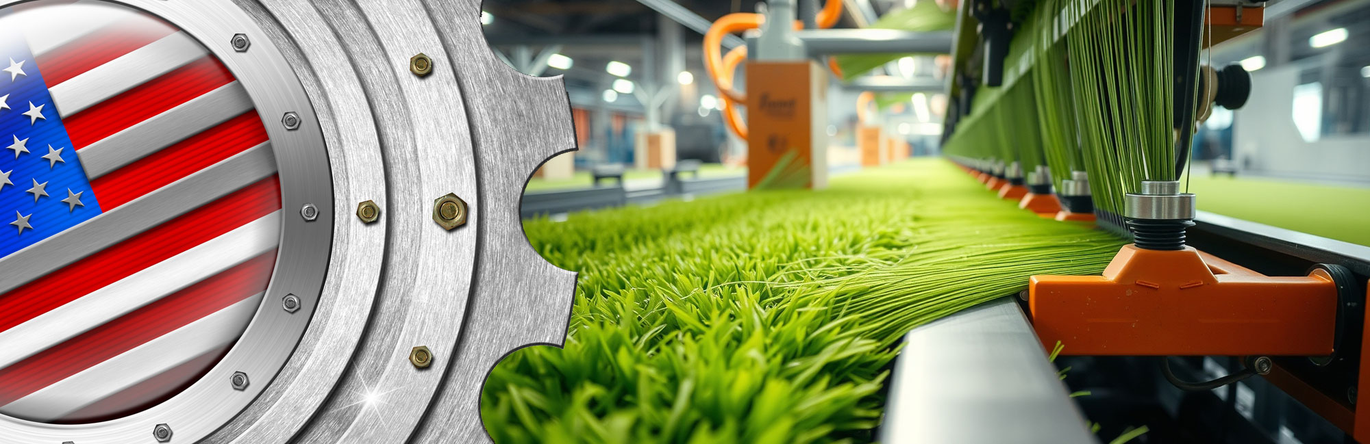 American-made synthetic turf production with layers of artificial grass being processed in a U.S. factory.