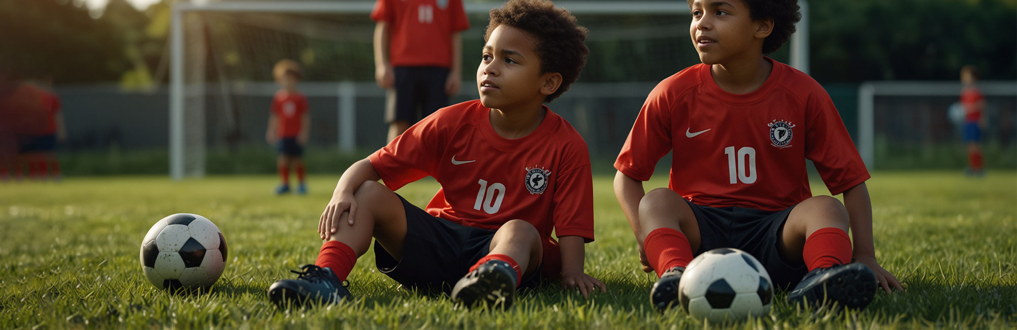 Two young soccer players in red jerseys sitting on a field with soccer balls, looking thoughtful.
