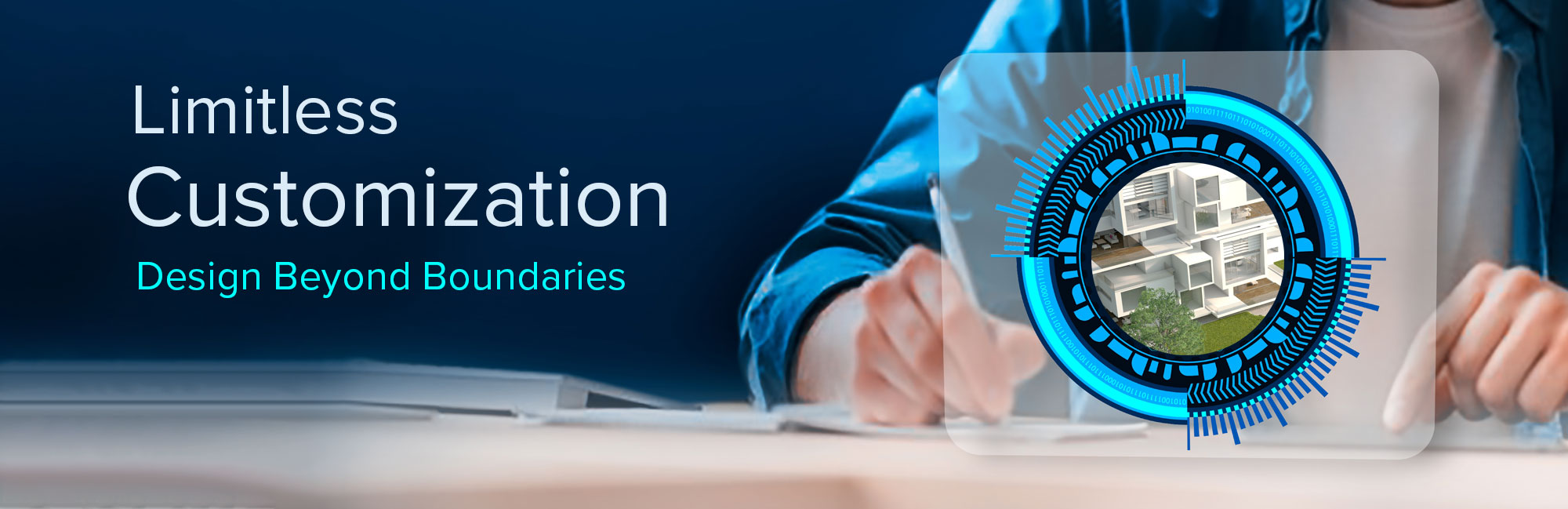 Limitless Customization synthetic grass -Design Beyond Boundaries with a person working at a desk, accompanied by a circular digital interface.