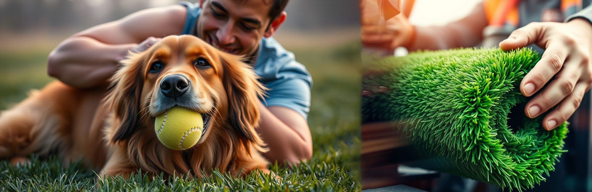 A golden retriever holding a tennis ball while a person rolls out synthetic turf beside it.