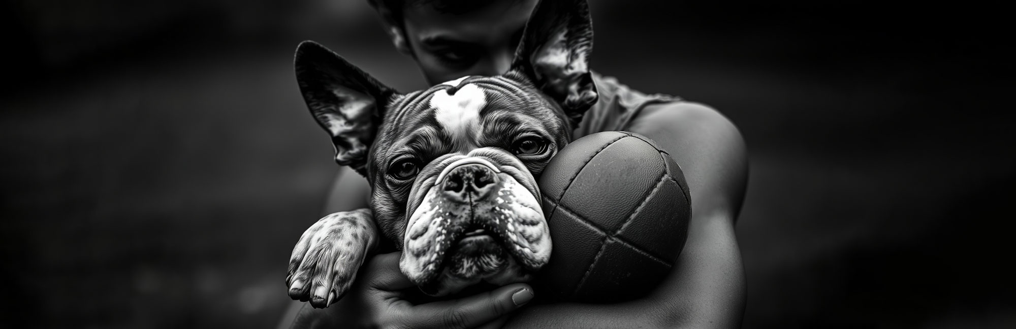 Black and white image of a person holding two small puppies and a basketball in their arms.