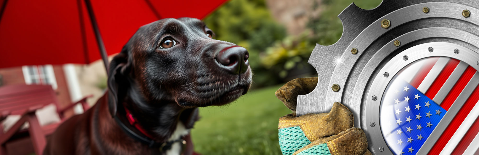 Black Labrador dog sitting outdoors near a USA-branded synthetic turf manufacturing emblem.