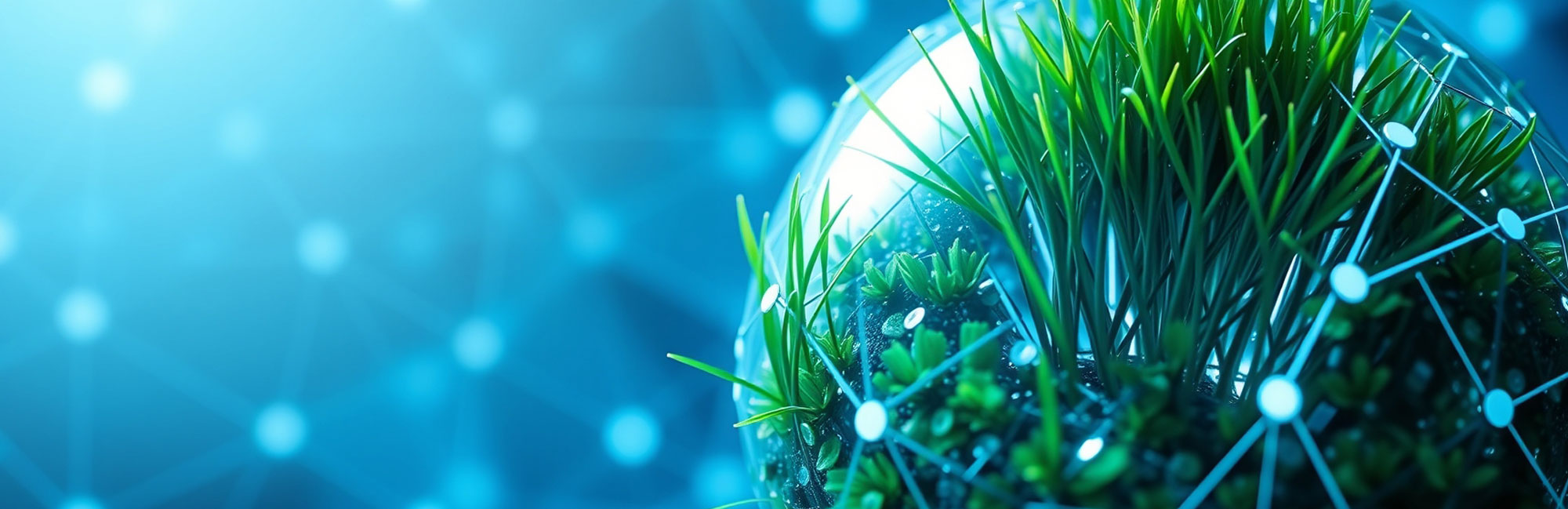 Close-up of synthetic grass with a transparent globe, symbolizing technology and sustainability in turf innovation.