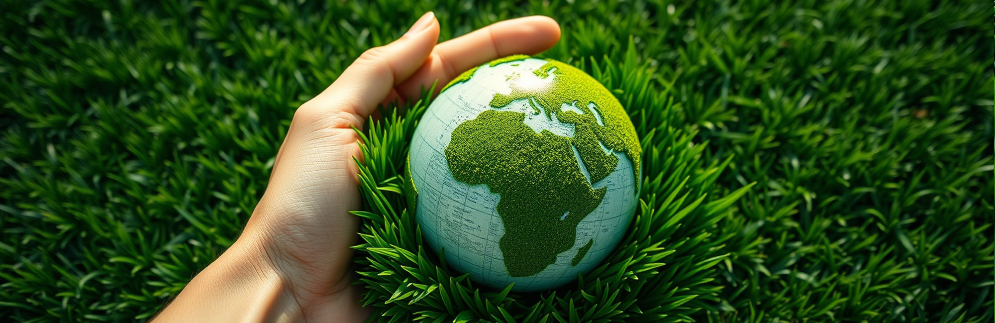 A hand holding a small Earth-shaped sphere on artificial grass, representing eco-friendly synthetic turf solutions.
