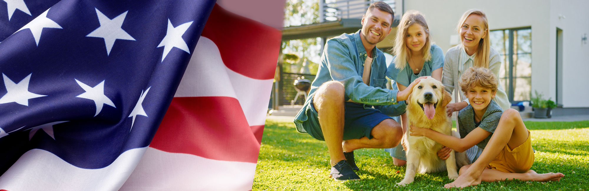Happy family with children and a dog sitting on artificial turf in a bright backyard, featuring an American flag overlay.