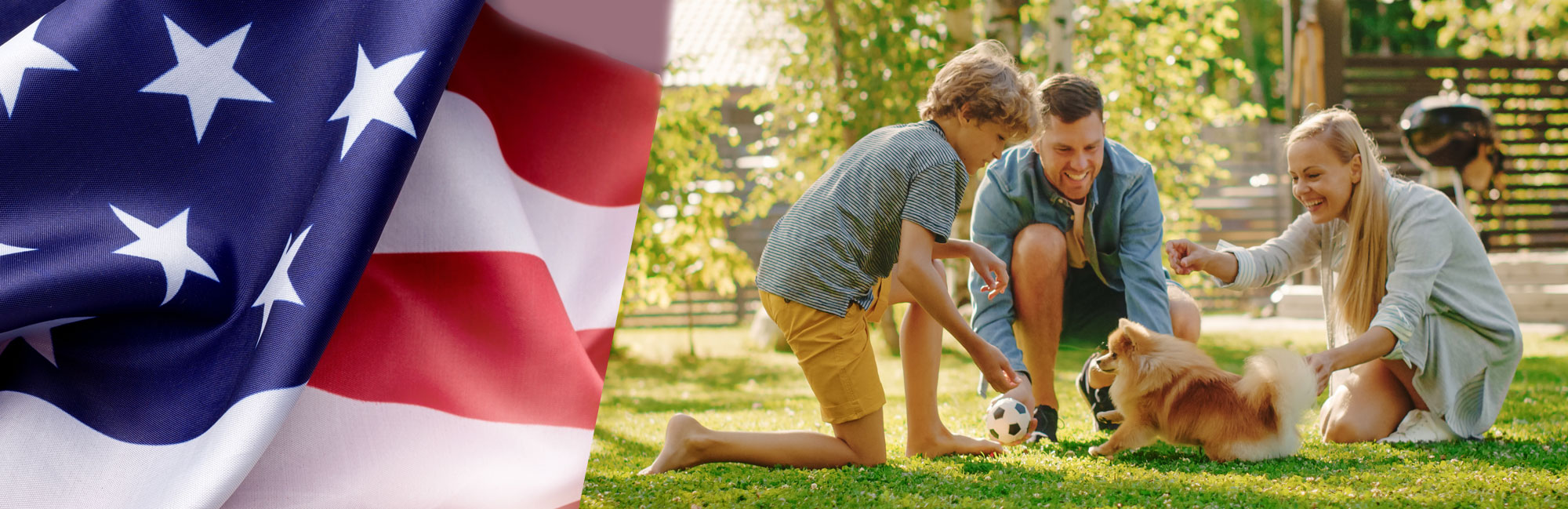 Family enjoying outdoor time with their dog on a lush synthetic lawn, with an American flag overlay.