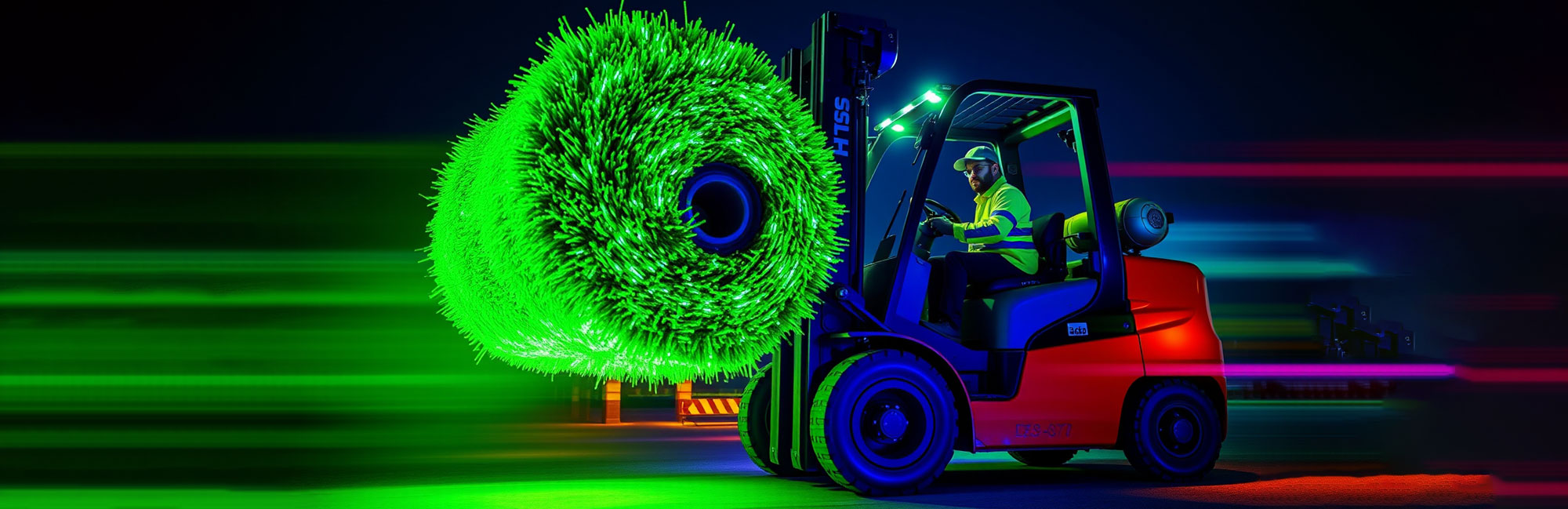 Forklift transporting a roll of synthetic turf with motion blur effects in a futuristic setting.