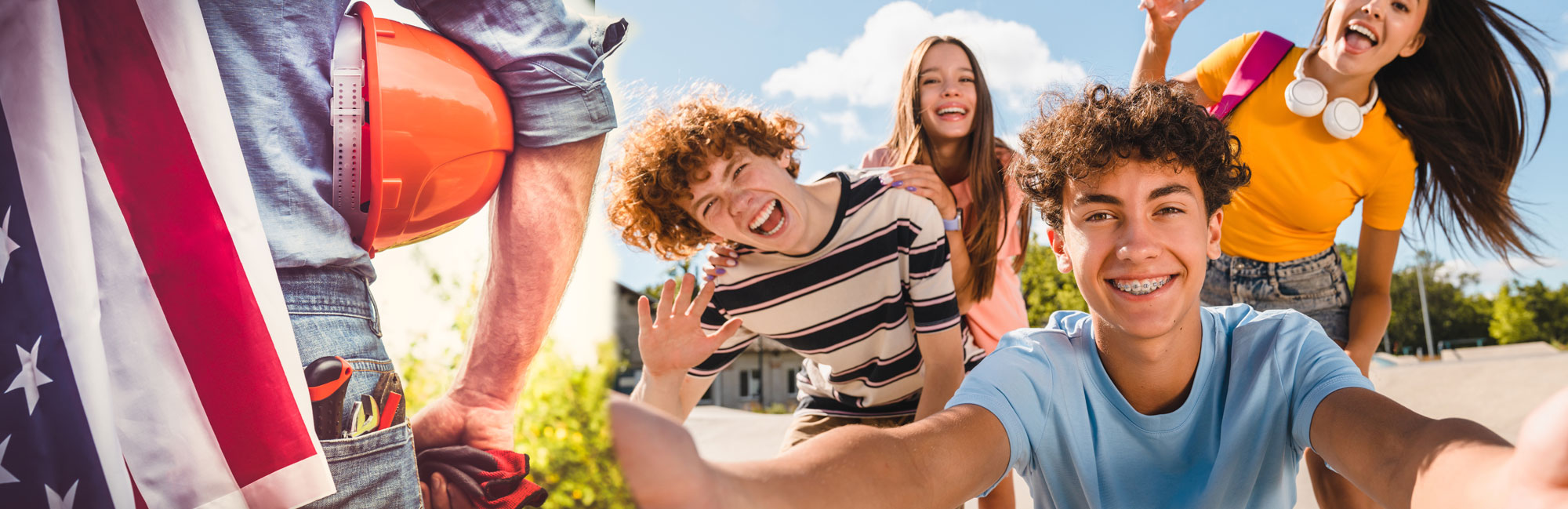 Smiling teenagers outdoors on synthetic turf, celebrating with sports gear and an American flag in the background.