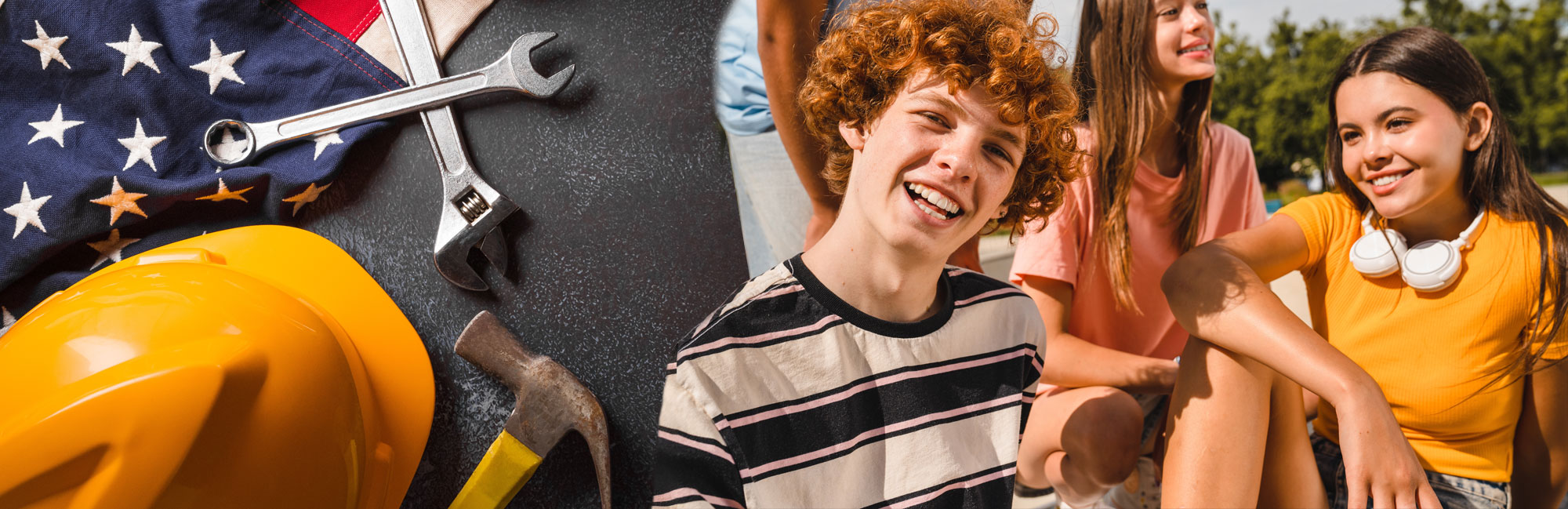 USA-themed construction tools with two smiling young people high-fiving in the background