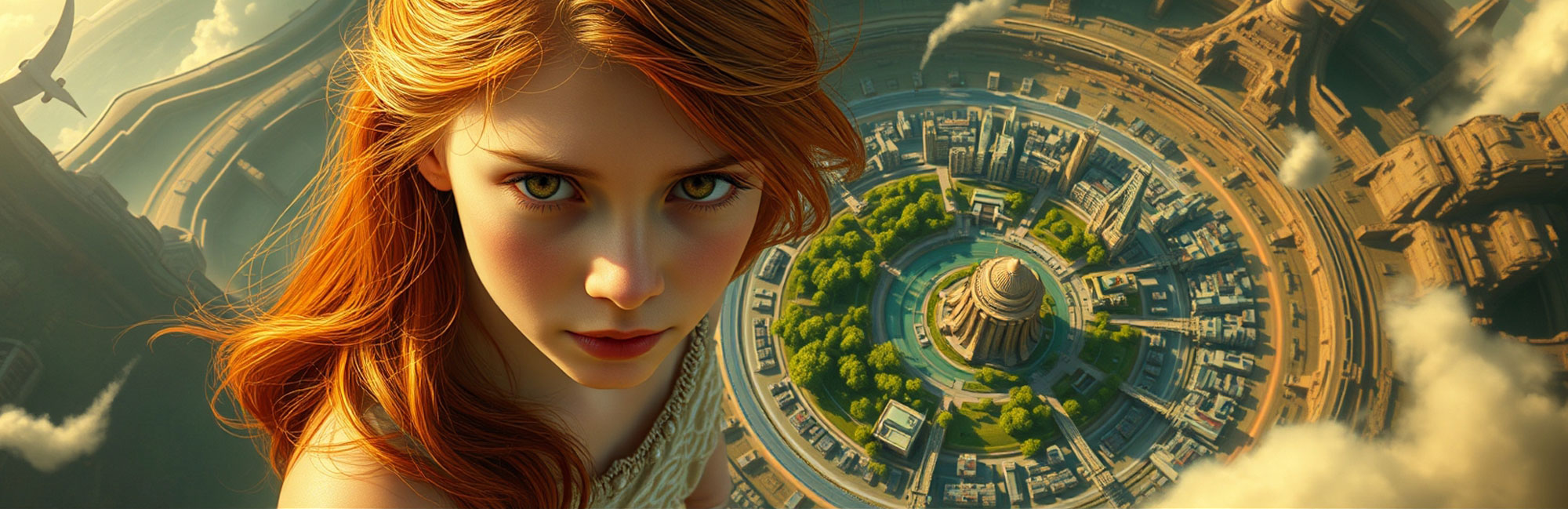 A woman with long red hair gazing over a utopian city with a circular sustainable layout.