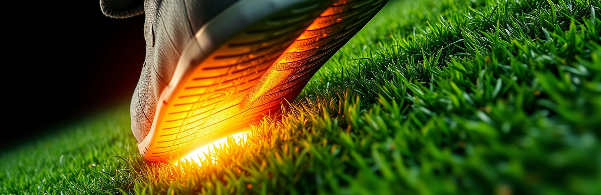 Futuristic concept of a sports shoe generating heat and friction as it makes contact with synthetic turf.