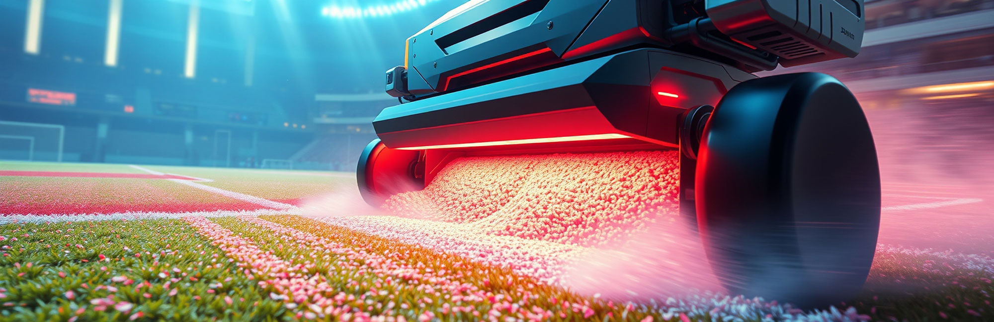 Advanced roller machine installing artificial turf with precision under stadium lights, enhancing playability.