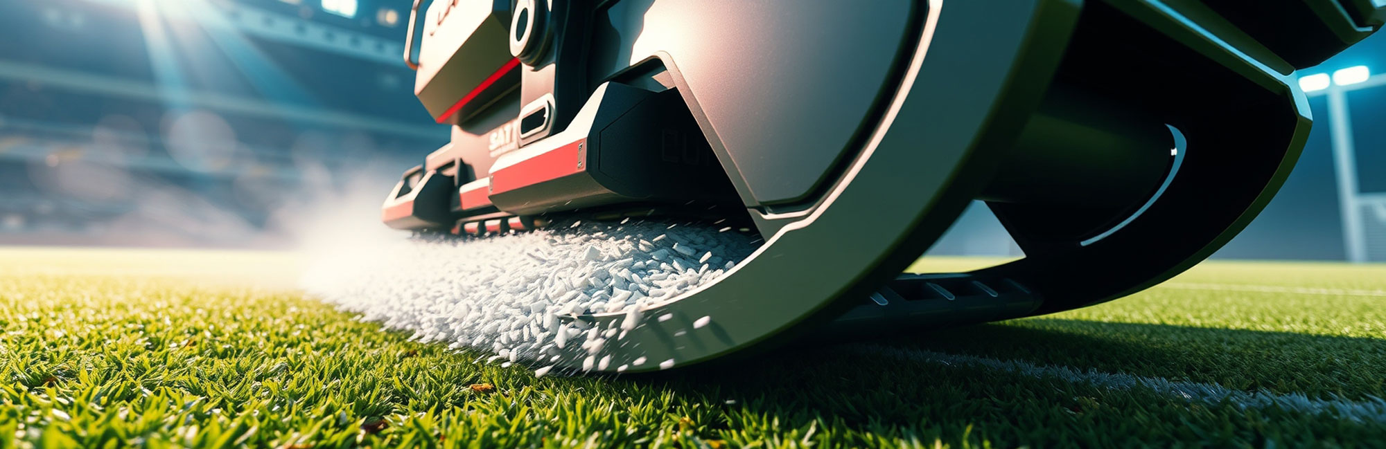 Close-up of a machine applying infill to synthetic turf, ensuring durability and performance on the field.