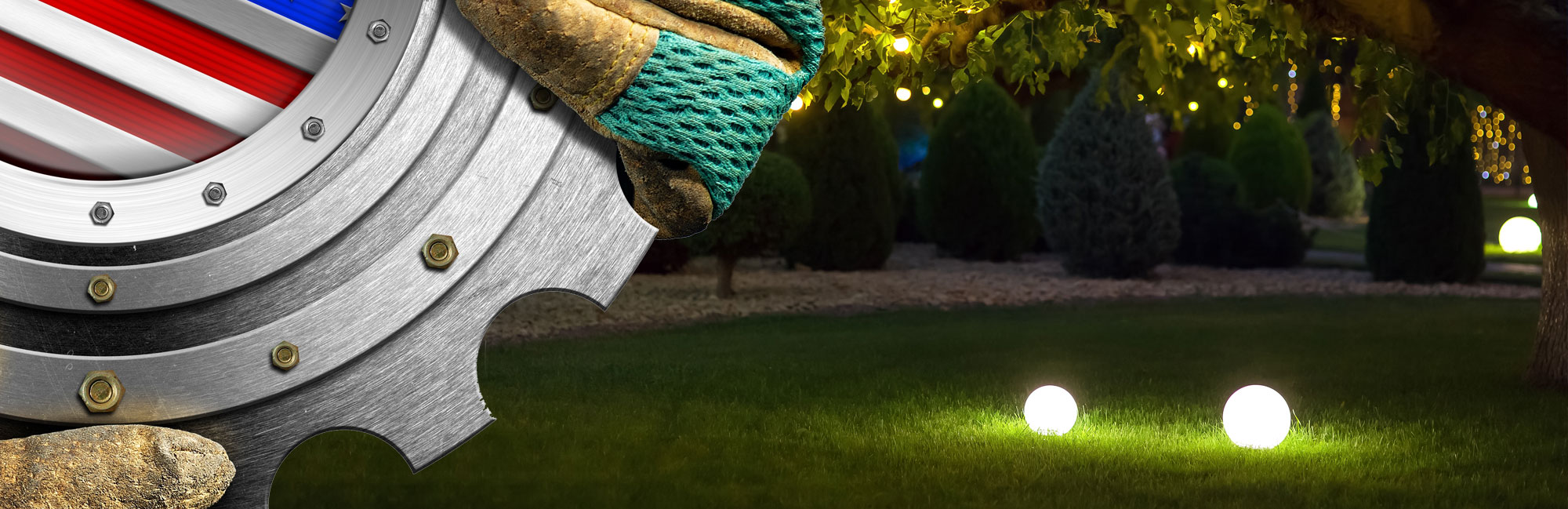 Beautiful backyard with a well-maintained synthetic lawn, glowing garden lights, and an American-made industrial gear overlay.