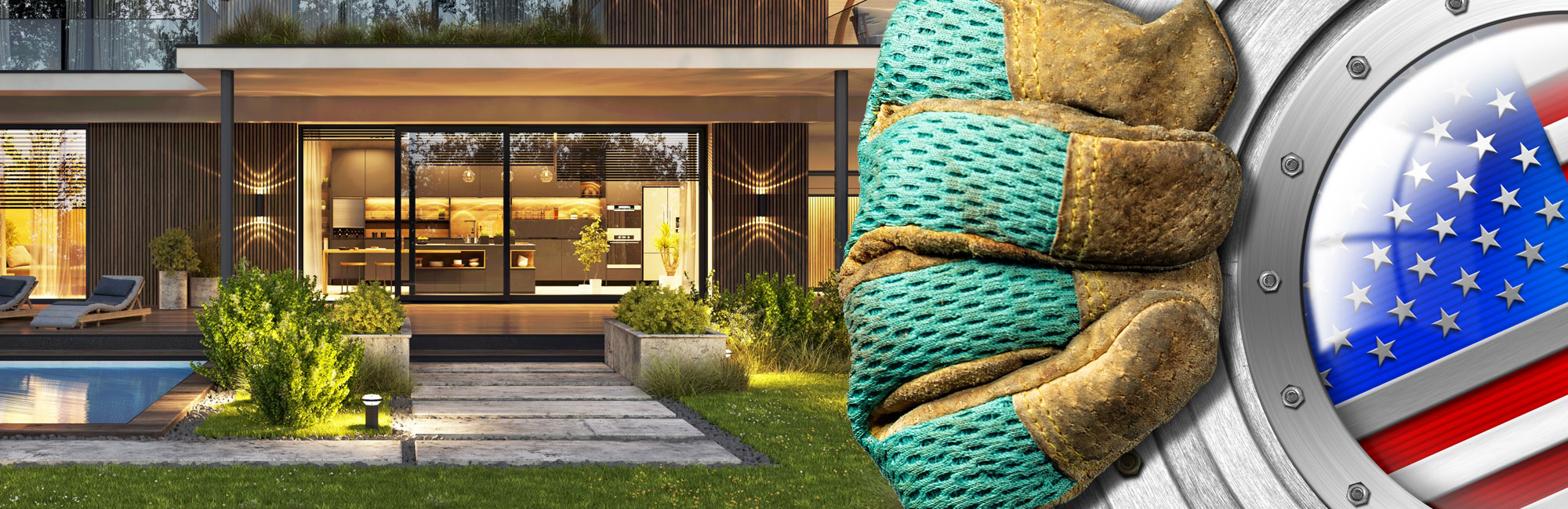 Modern home with a sleek landscape design featuring synthetic grass, complemented by an industrial gear with an American flag motif.