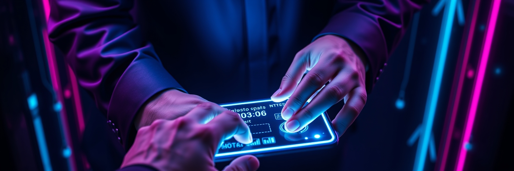 Futuristic digital interface used for controlling and optimizing synthetic turf manufacturing. A person interacts with a high-tech touchscreen, highlighting innovation, automation, and smart technology in American artificial grass production