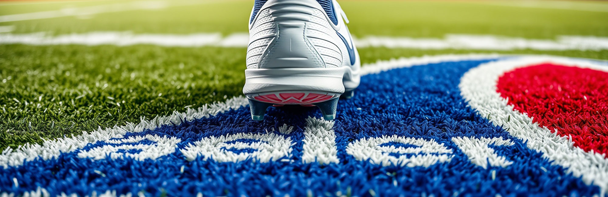 Blue red logo tufted synthetic grass, athletic sports sneakers, man foot on sport field, running.