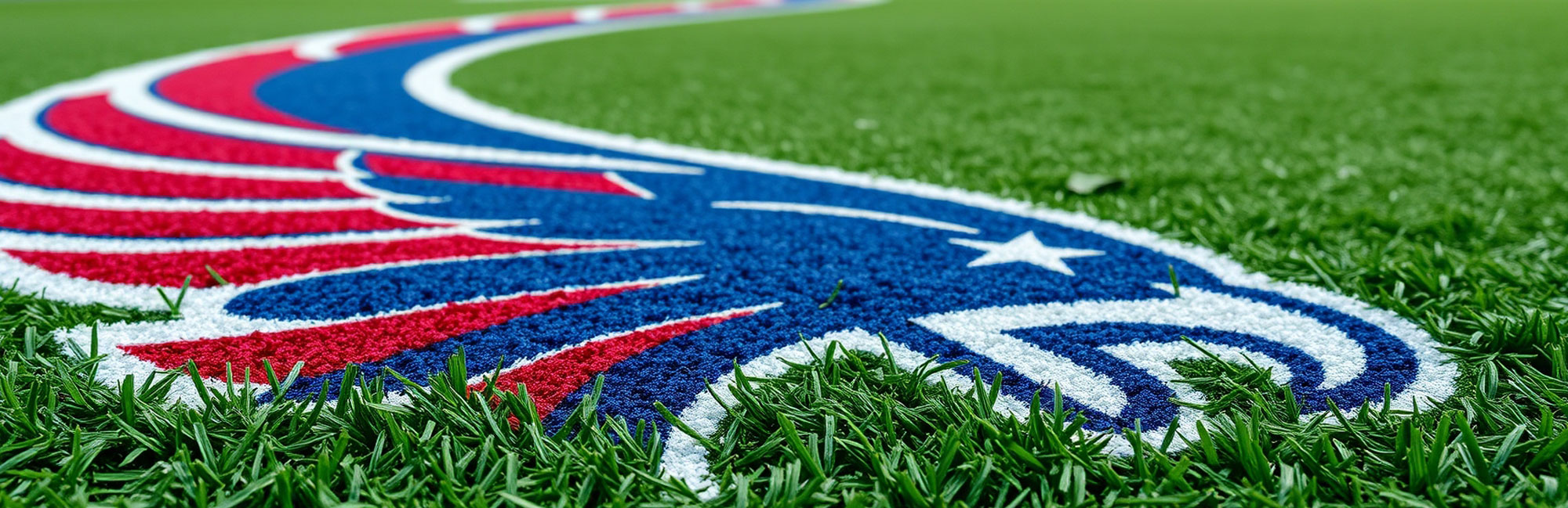 Close-up of a custom artificial turf design featuring a stylized eagle with red, white, and blue patriotic colors. The intricate tufting technology ensures sharp details and vibrant colors, making it ideal for sports fields and branded environments. The surrounding green turf enhances the bold contrast of the custom logo.