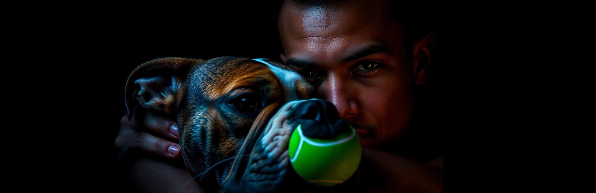 A man in a dark setting gently holding a bulldog while playing with a green ball.