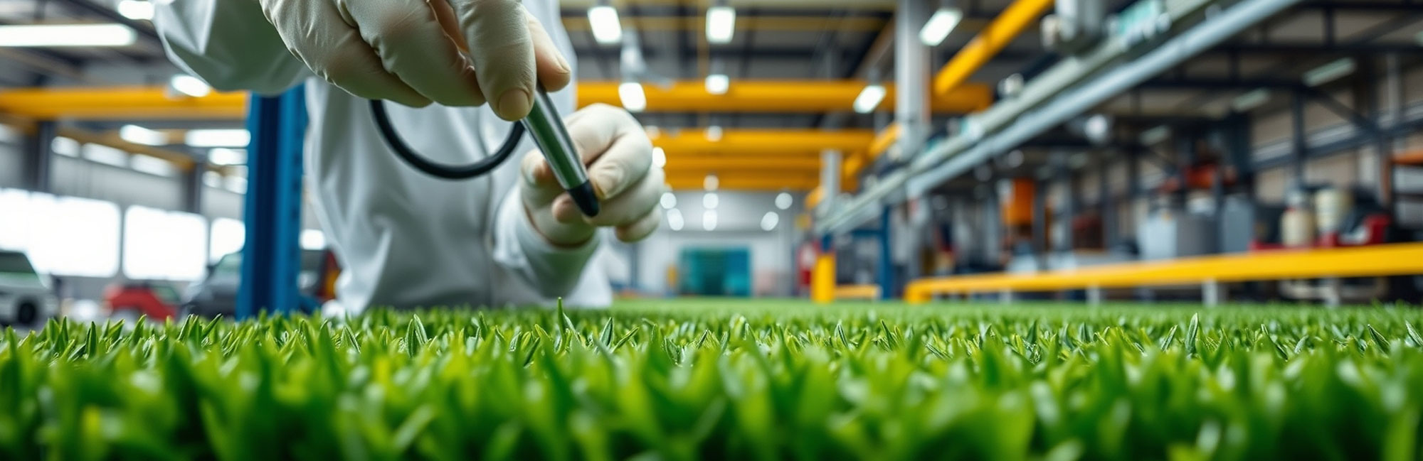 Close-up of a gloved hand inspecting synthetic turf in a high-tech manufacturing facility, ensuring quality control.