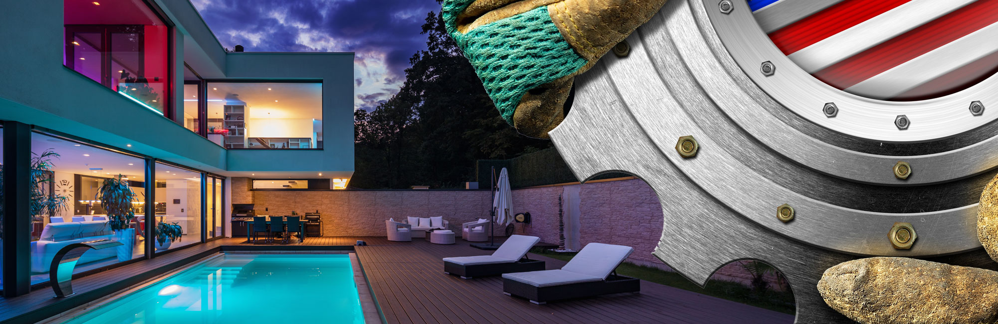 Luxurious modern house with a poolside lounge, featuring a metal gear with an American flag overlay.