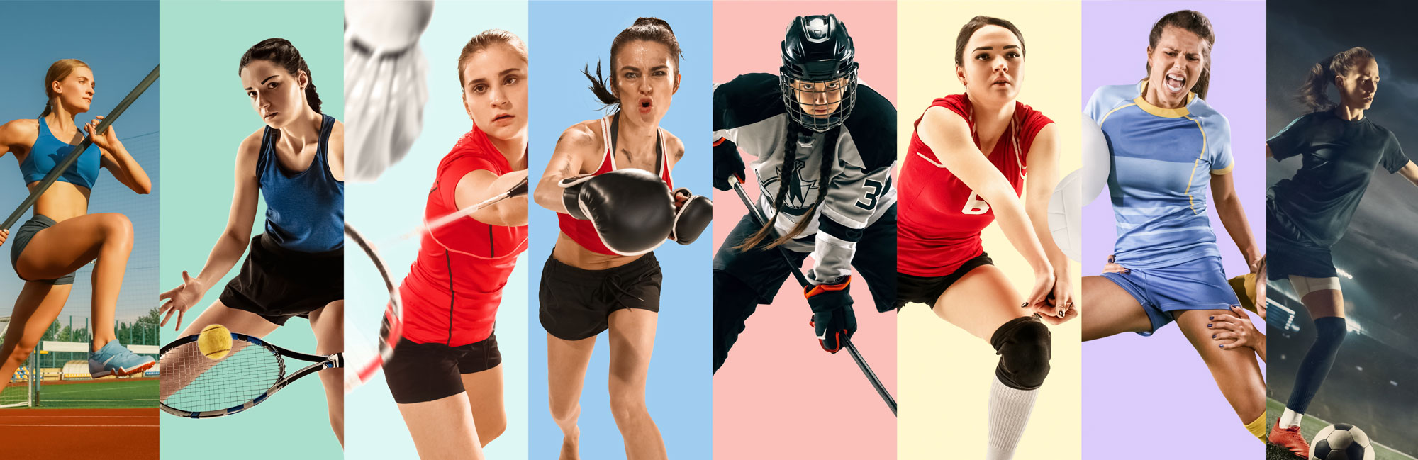 Collage of athletes engaged in various sports, including tennis, running, and fitness, showcasing diverse athletic activities.