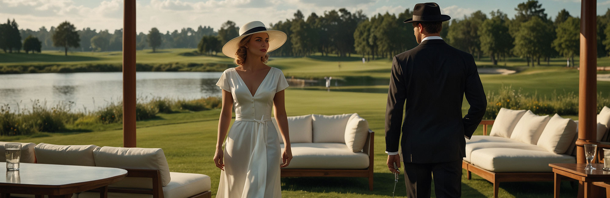 Elegant woman in a white dress and sun hat standing on a luxurious outdoor patio, gazing at a well-dressed man against a scenic golf course backdrop