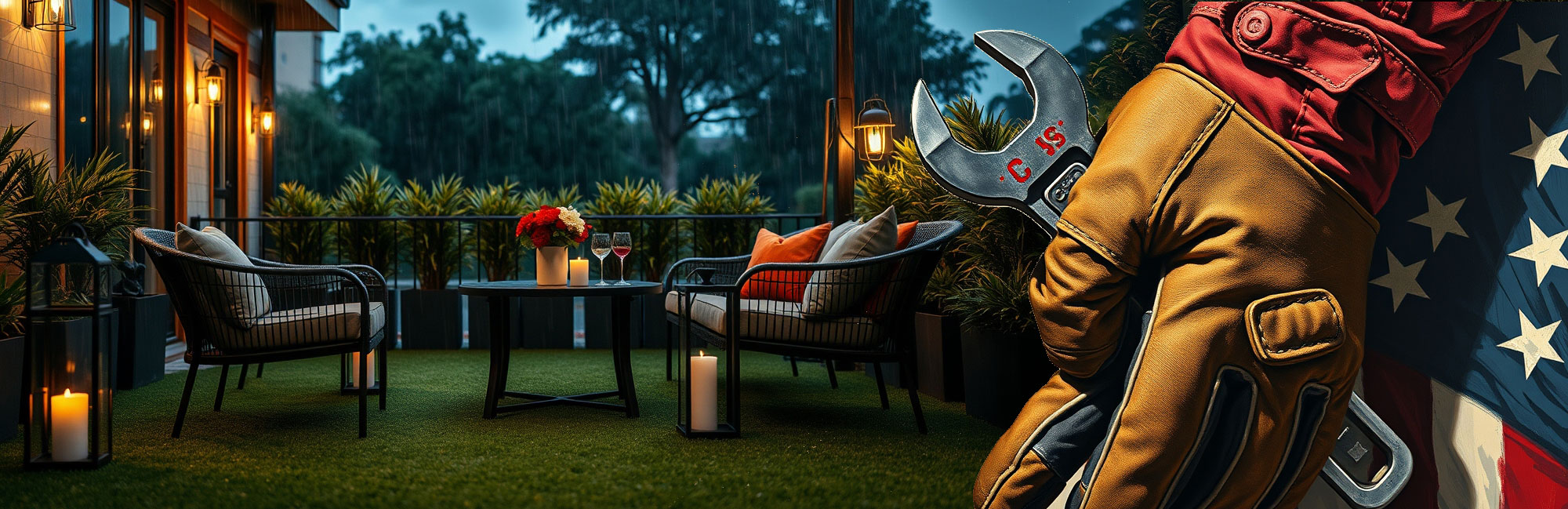 Cozy outdoor seating area on a lush synthetic turf lawn, with a worker in gloves and an American flag in the background.