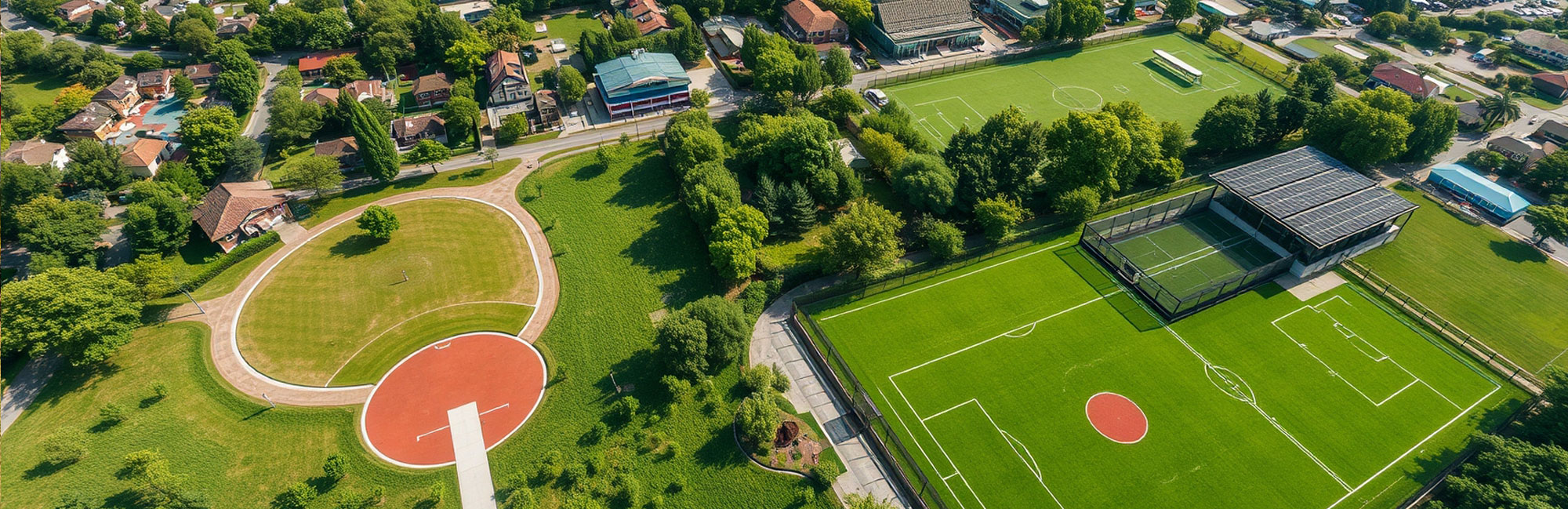 Synthetic turf sports athletic field air view green bright artificial grass