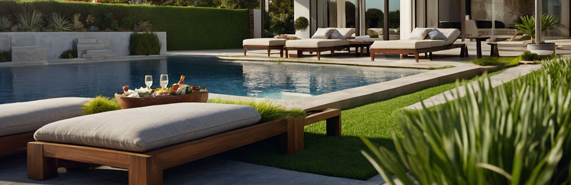 Outdoor poolside seating area with a wooden bench and cushions, offering a serene and stylish relaxation space.