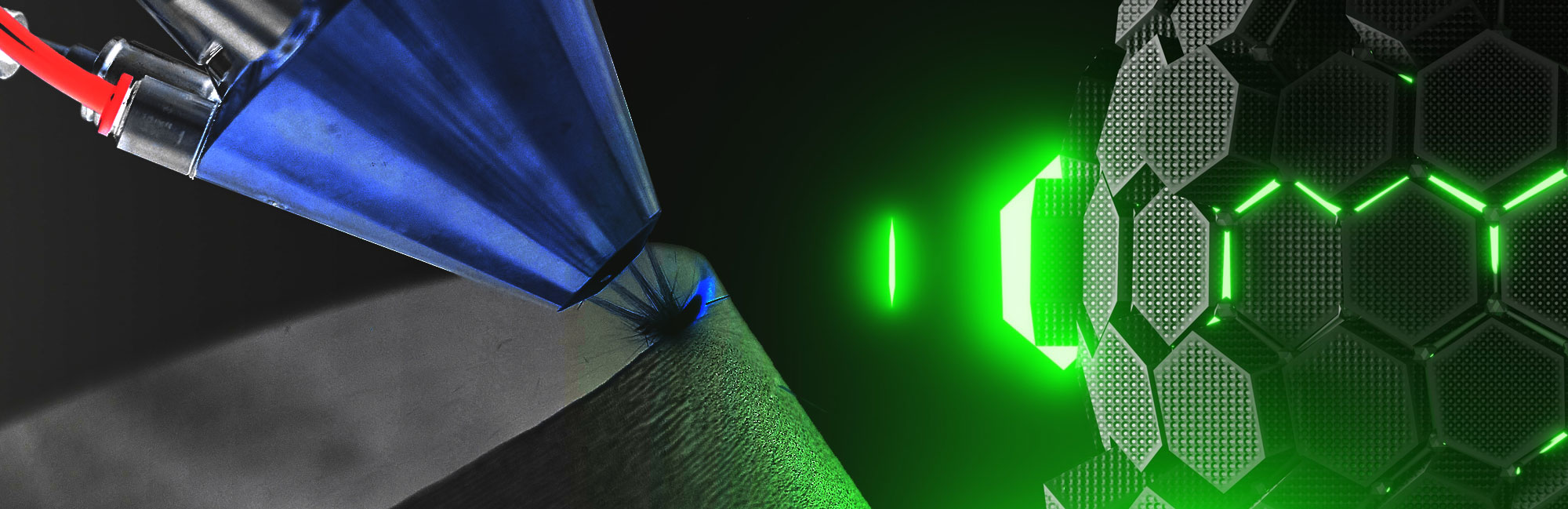 Close-up of a futuristic tool interacting with a glowing green digital interface, symbolizing advanced technology and precision.