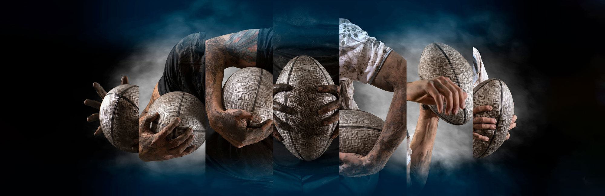 Collage of intense American football players in helmets, ready for action on the field.