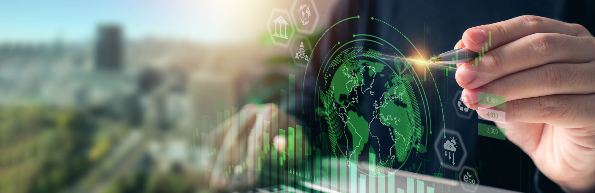 Hand interacting with a digital interface displaying a global network, symbolizing technology, innovation, and connectivity.