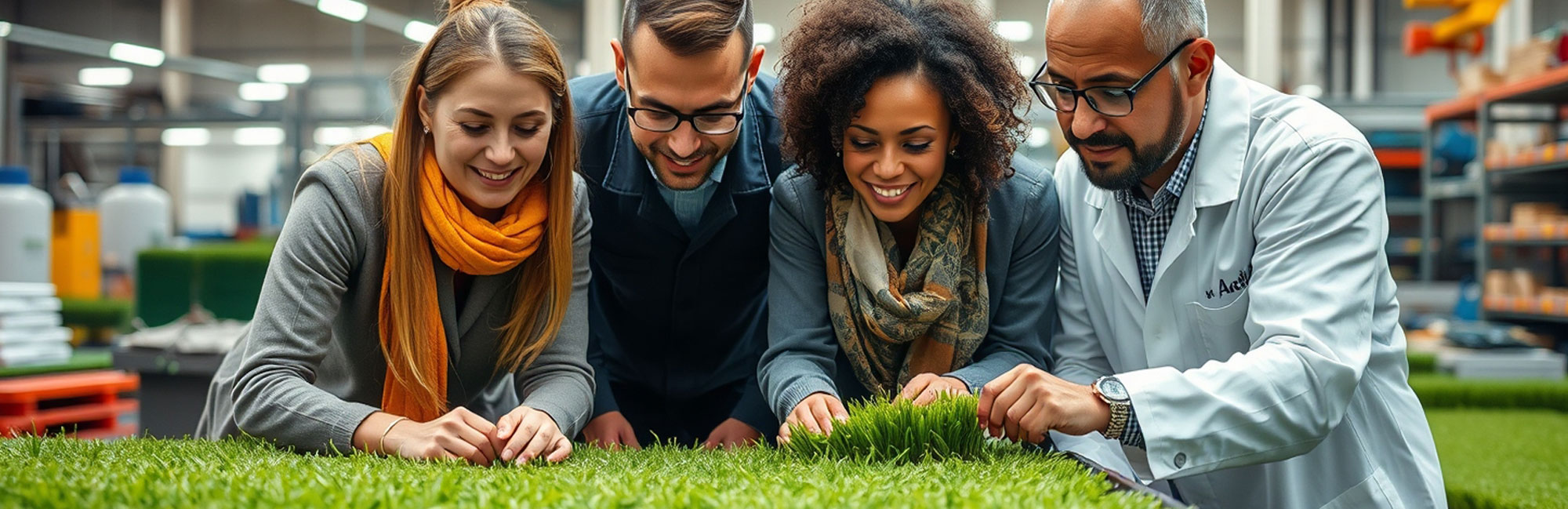 A group of professionals closely examining synthetic turf in an American artificial grass manufacturing facility. Their engagement highlights quality control, innovation, and teamwork in turf production.