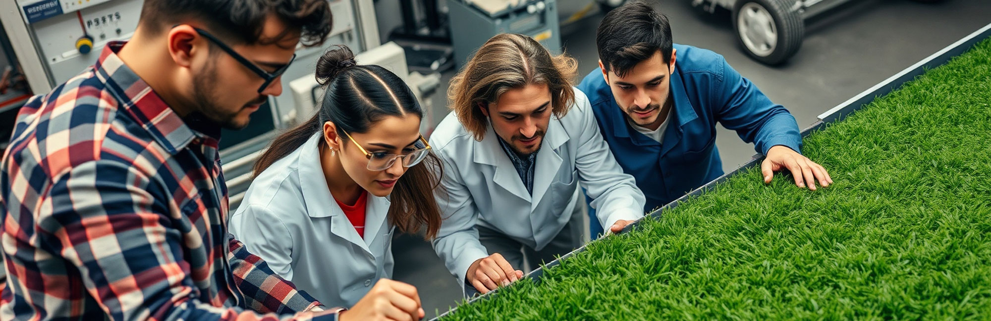 A team of experts in an American synthetic turf manufacturing facility inspecting artificial grass for quality and durability. Their focused attention highlights precision, innovation, and excellence in artificial grass production