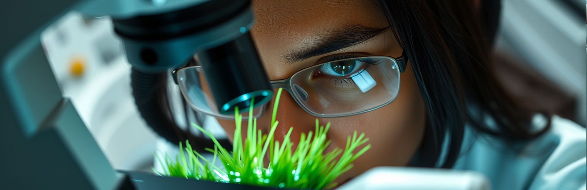 Lab technician using advanced optical equipment to examine synthetic turf under blue laboratory lighting