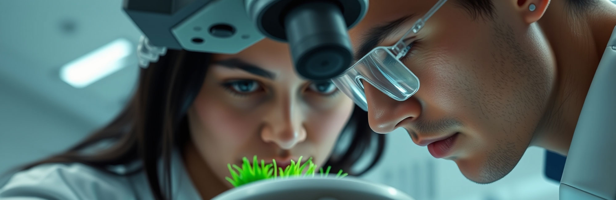 Scientist and researcher reviewing synthetic turf under magnification for material quality analysis.