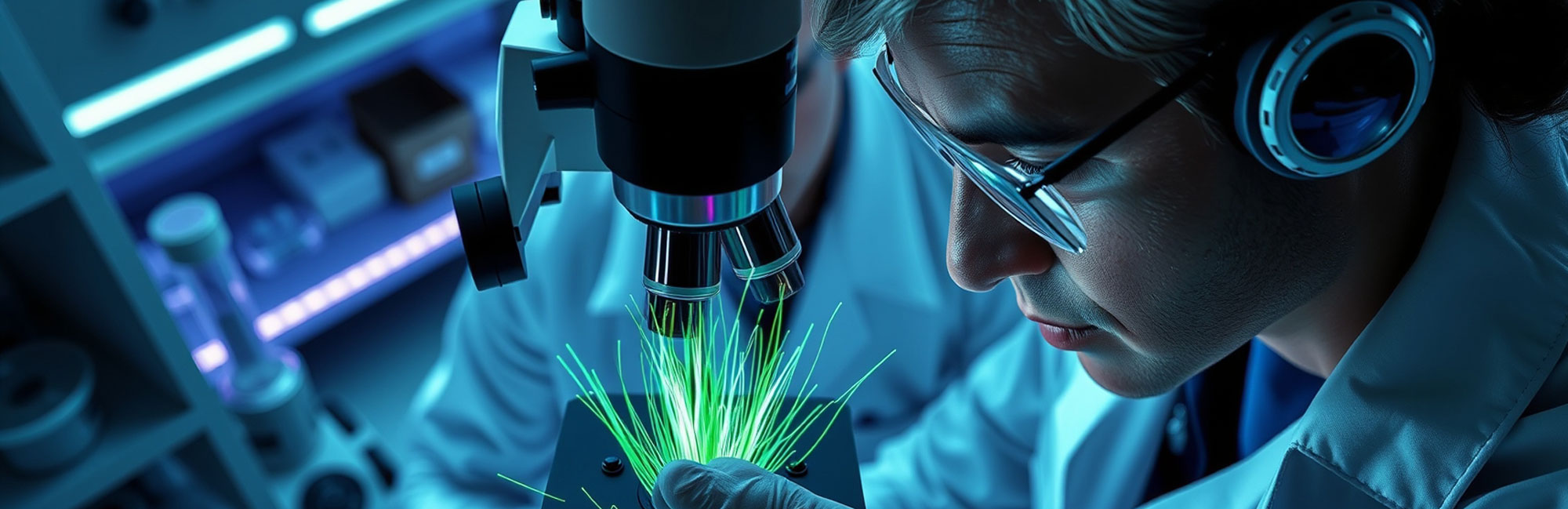 Two scientists collaborating while closely analyzing synthetic turf under a microscope