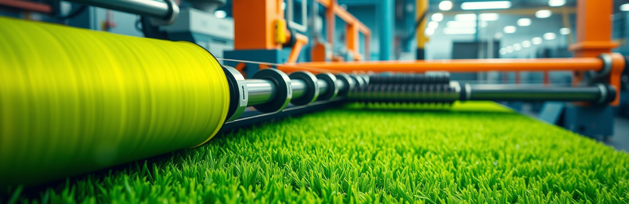 Artificial turf manufacturing process with green synthetic grass rolling out in a high-tech production facility.