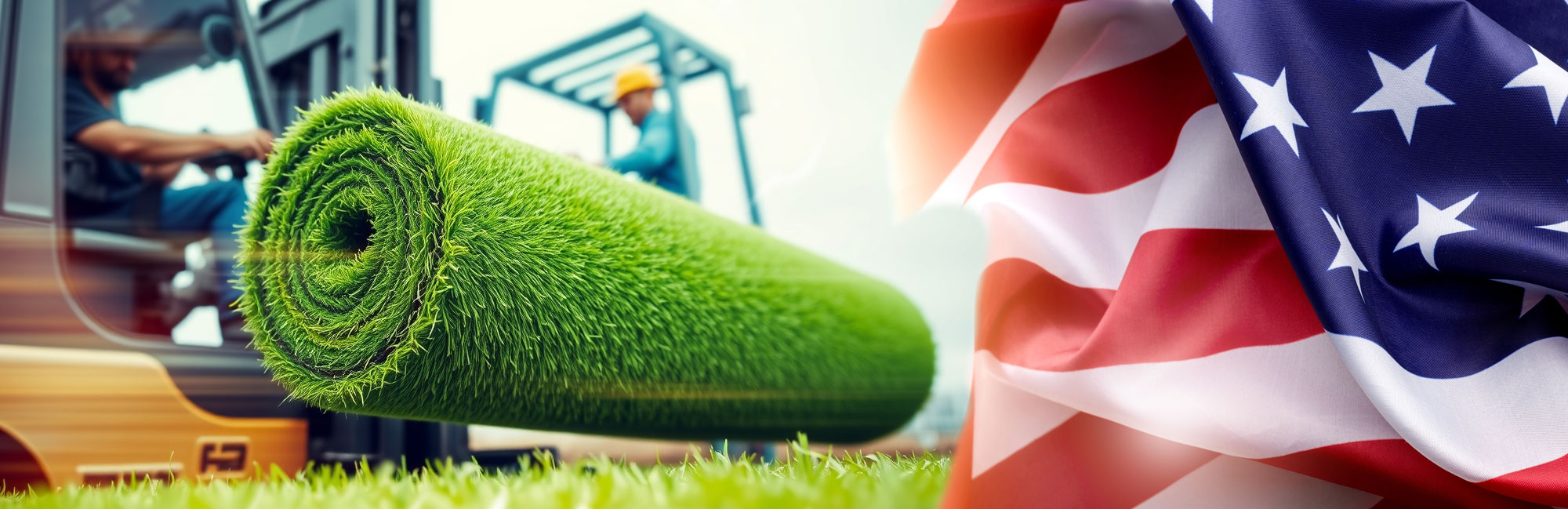 A rolled-up section of synthetic turf next to an American flag, symbolizing USA-made artificial grass solutions.