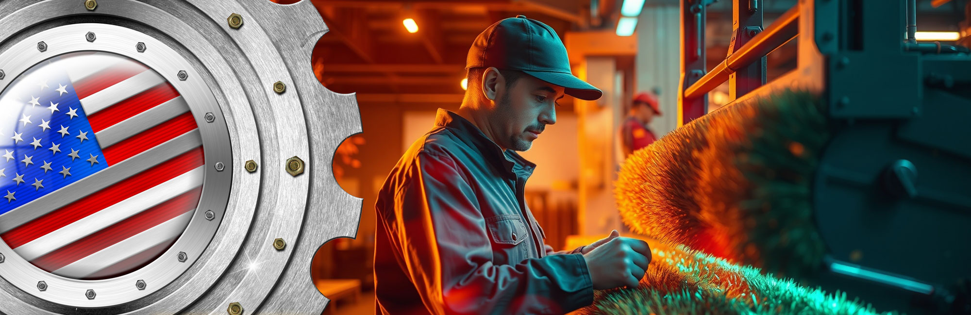 American-made synthetic turf production with a worker inspecting artificial grass in a high-tech manufacturing facility.
