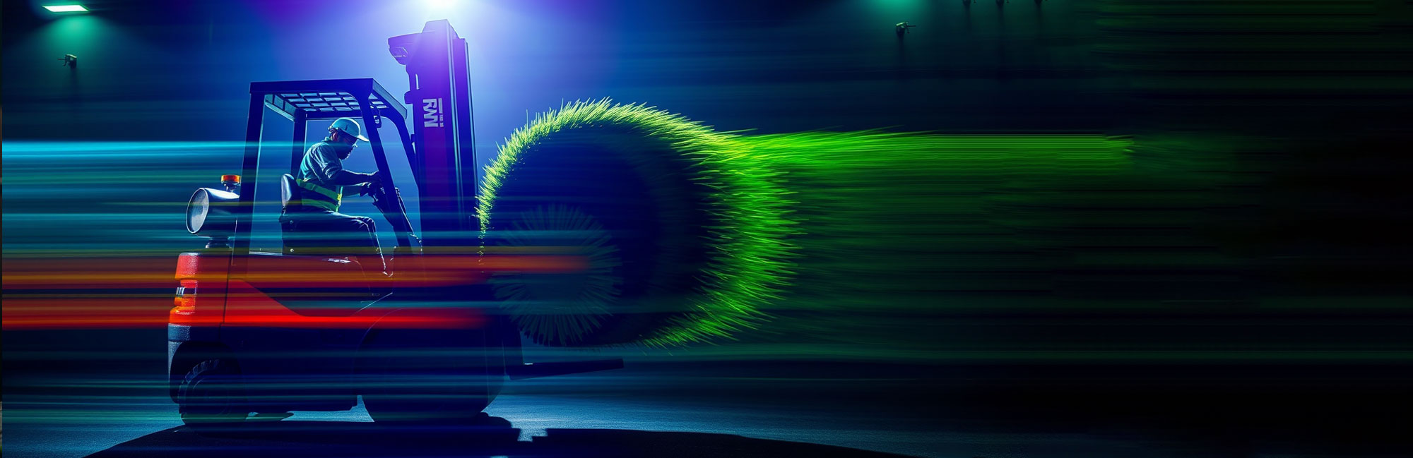 Forklift rolling out synthetic turf at high speed under bright stadium lights with motion blur.