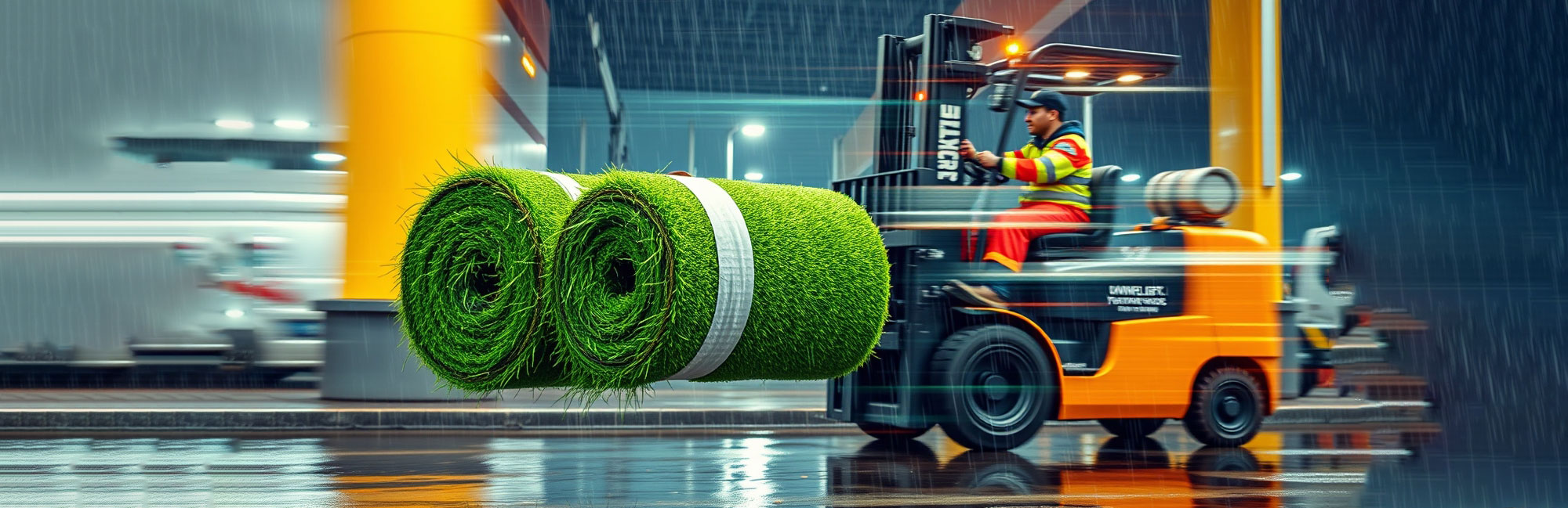 Forklift transporting large rolls of artificial grass in a high-tech production facility.